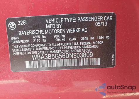 2013 BMW 328I xDrive from USA, damaged, VIN WBA3B5G56DNS03809